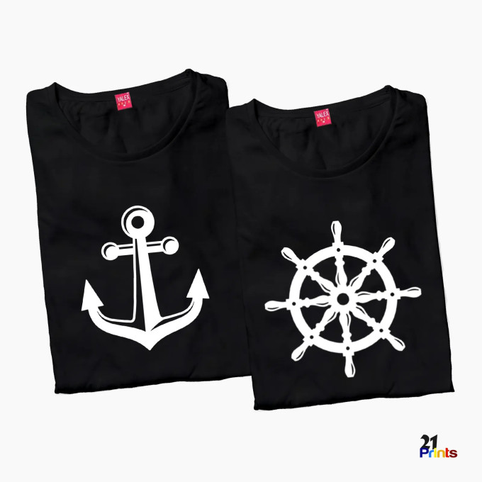 Nautical Duo – Anchor & Helm Steering Wheel Seafarer Couple T-Shirt